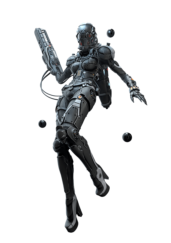 A cyber soldier wielding a rifle and spherical drones floats ominously.