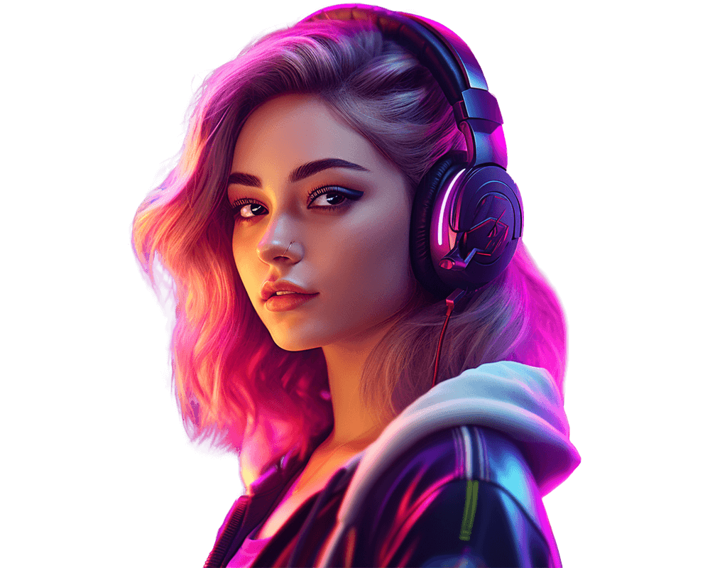 Portrait of a young woman with bright pink hair wearing headphones and a hoodie.