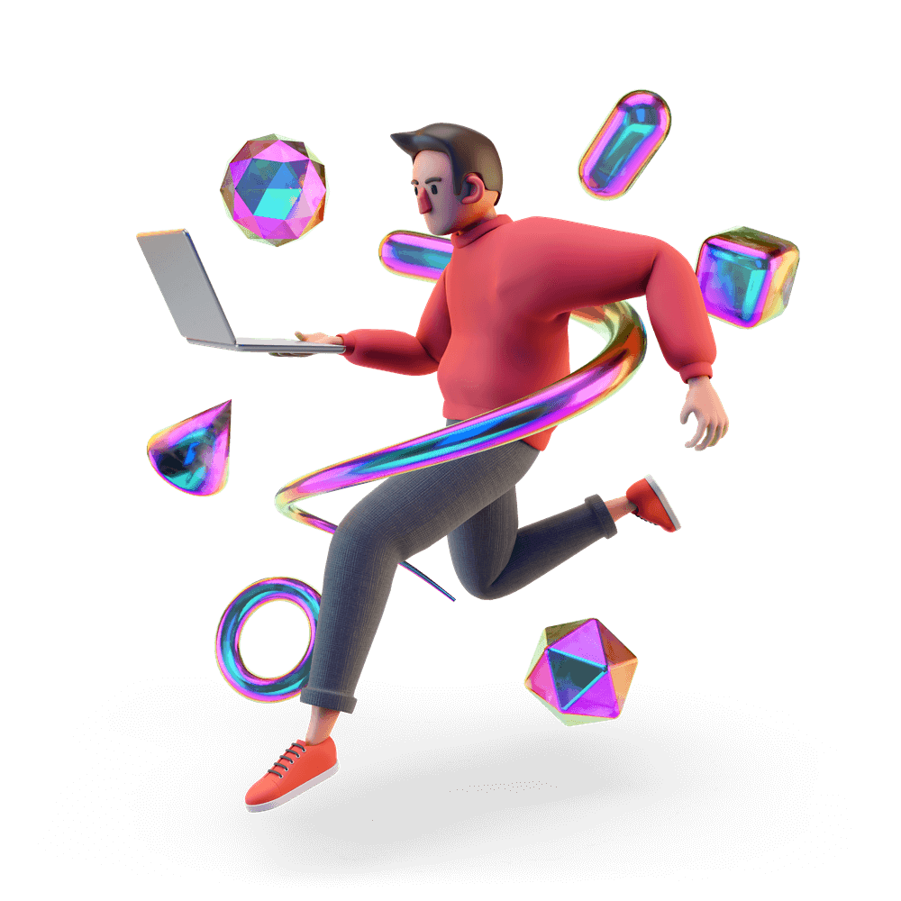 3D cartoon of a business person holding a laptop. Colorful 3D gems and elements swirl around him.