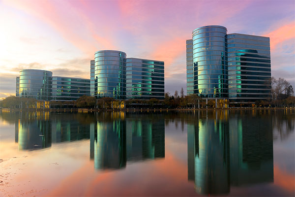 Colorful sunset over the Oracle Headquarters in Silicon Valley