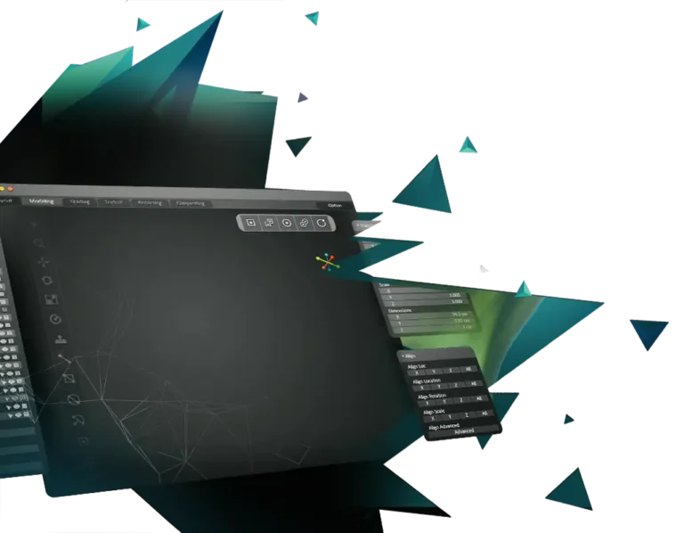 3D modeling software from which the green dragon bursts, surrounded by green geometry.