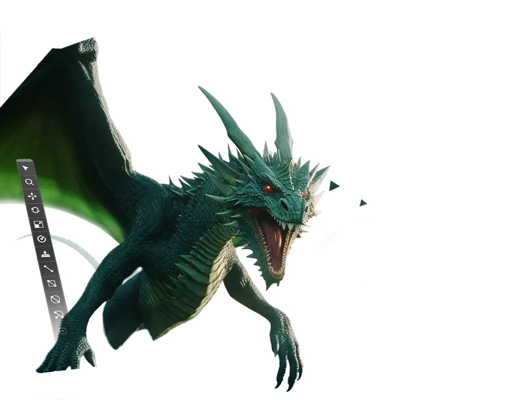 A fierce green dragon bursting out of 3D modeling software.