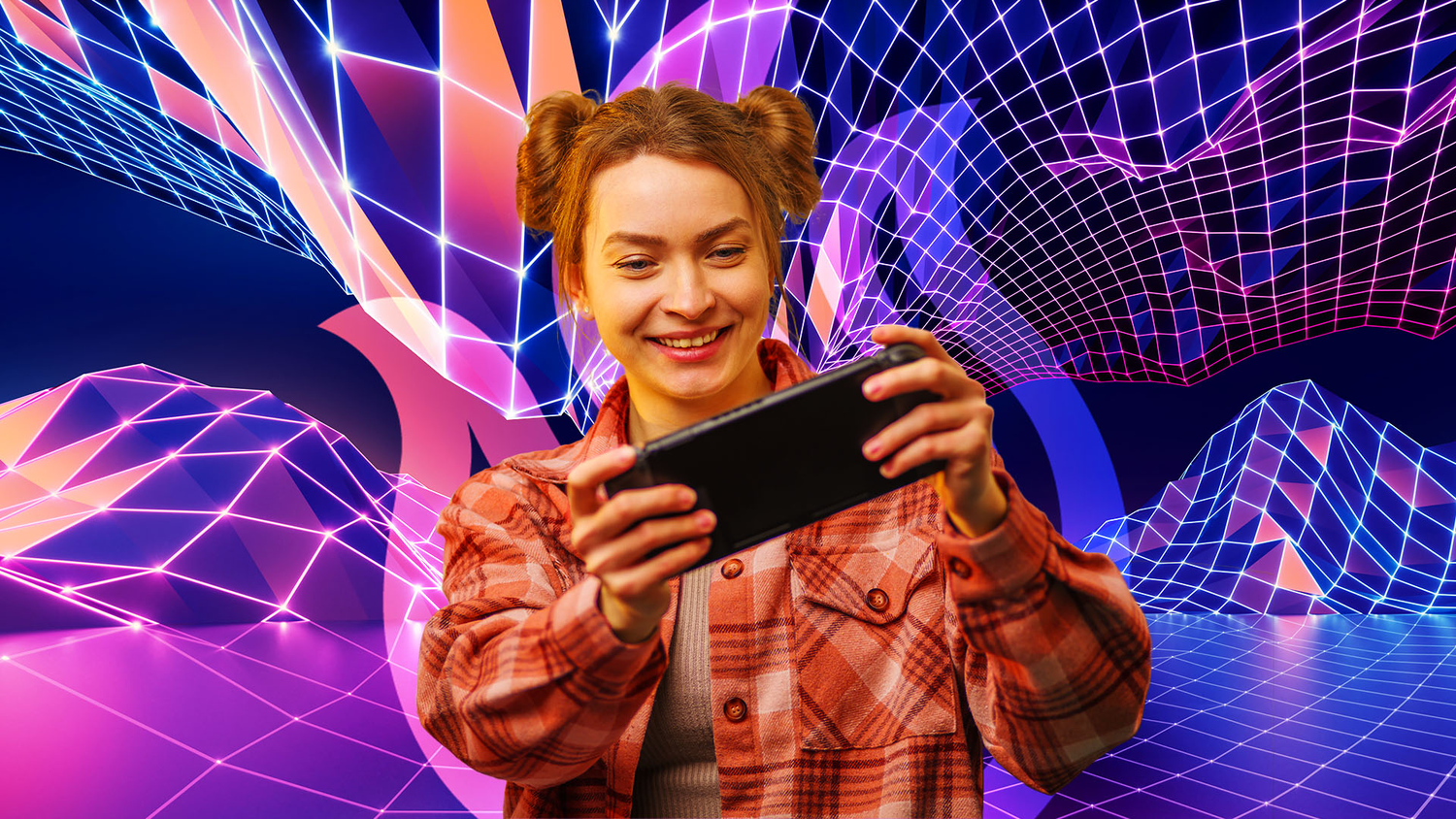 Gamer girl playing on a mobile device, featured in the 'Designing for Portable Gaming' blog.