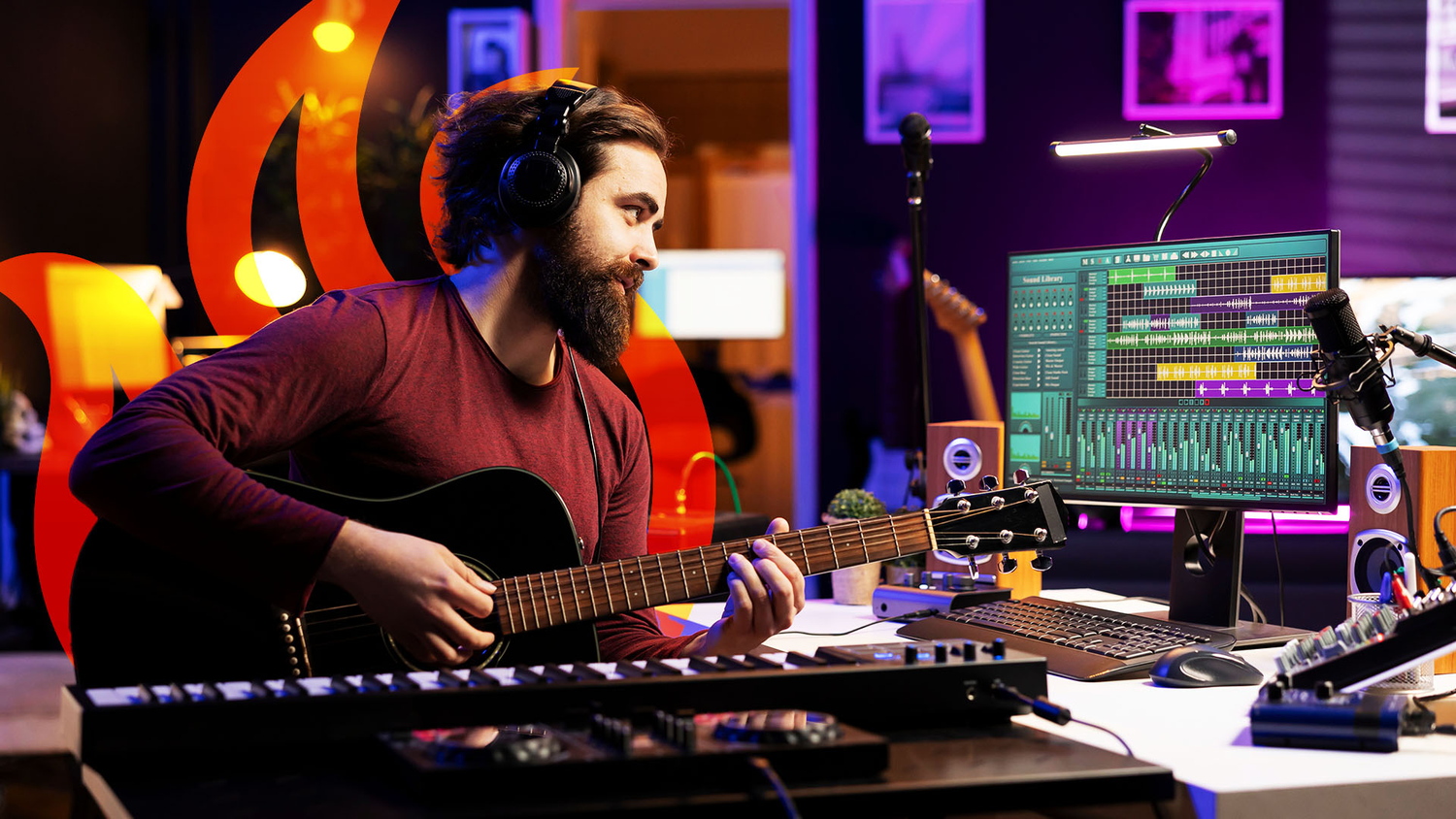 Audio engineer capturing guitar sound in a recording studio for the blog: What is Sound Design? Elements & Practices.